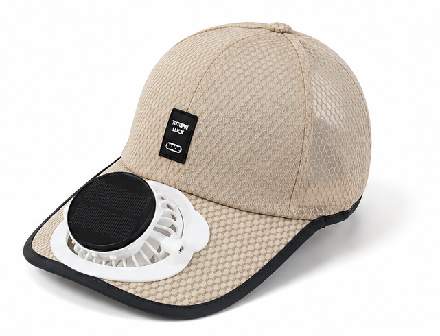 A beige mesh baseball cap with a black brim, featuring an integrated white and black cooling fan on the underside of the brim. 