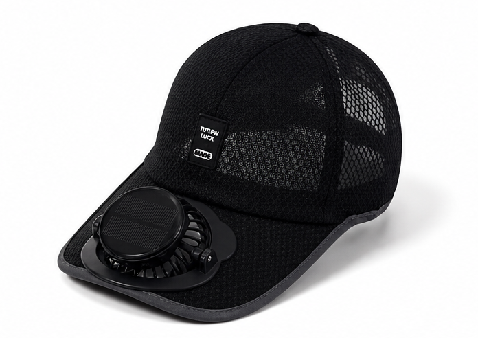 A black mesh trucker-style cap with a built-in circular cooling fan attached to the brim, shown on a clean white background.