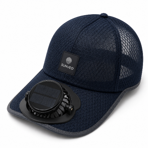 A navy blue mesh baseball cap with a built-in black circular solar-powered cooling fan on the brim, featuring a black brand patch that reads 'SUNVEO'.