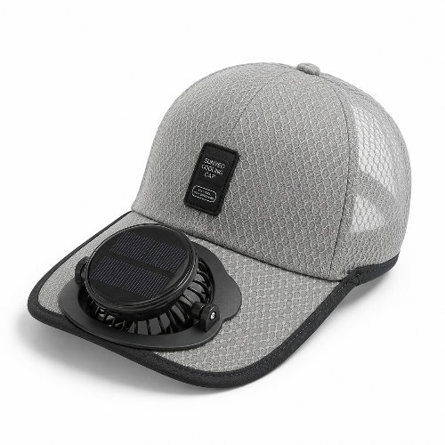 A gray mesh baseball cap with a black curved brim, featuring a built-in black cooling fan on the brim and a small black brand patch on the front.