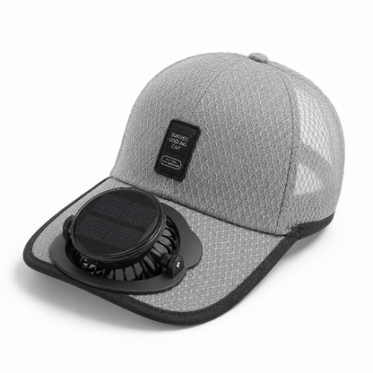 A gray mesh baseball cap with a black curved brim, featuring a built-in black cooling fan on the brim and a small black brand patch on the front.