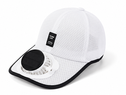 A white mesh baseball cap with a built-in cooling fan on the brim, featuring a black trim and a small black brand patch on the side.